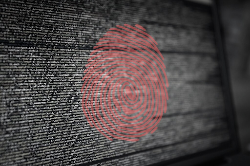 Image of fingerprint on top of wall of computer text code.