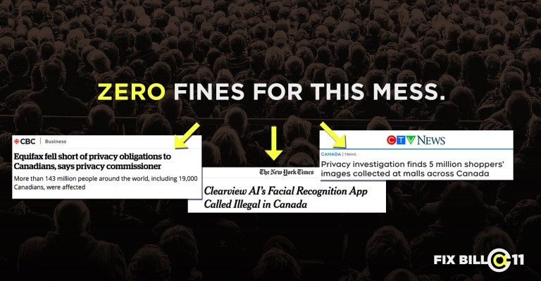 News headlines about companies that committed high profile privacy violations in the last few years that would face no fines under Bill C-11