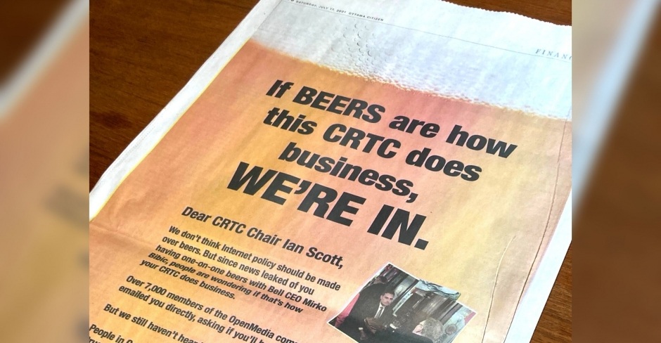 Image for OpenMedia takes out full-page Ottawa Citizen ad inviting CRTC Chair Ian Scott for beers