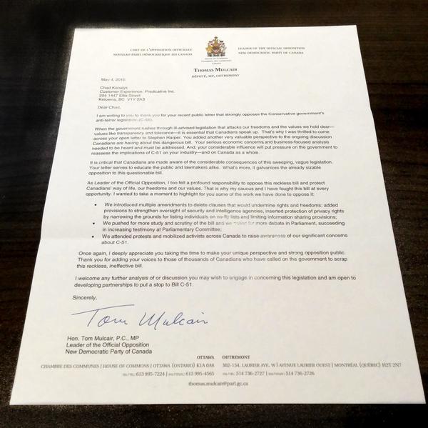 Image for Mulcair replies to business leaders concerned about economically risky Bill C-51 - but why is Harper staying silent?