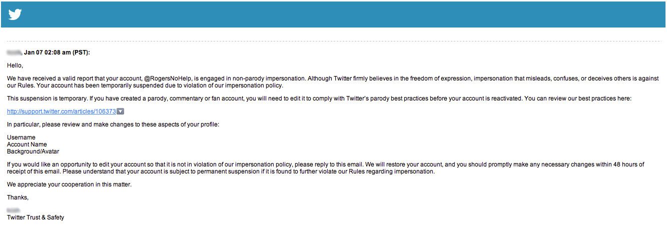 "Rogers trying to shutdown my parody account instead of improving customer service", reads the title of the image, originally posted <a href="http://imgur.com/GI2W5 ">here</a>