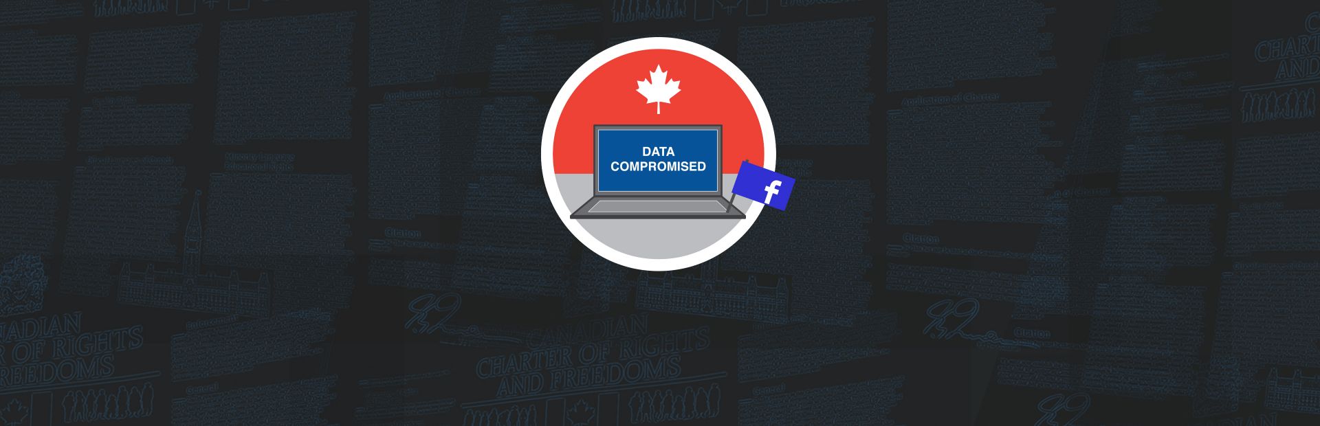 Laptop with a facebook flag and text on screen saying 'data compromised' 